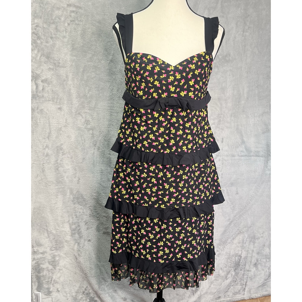 Vintage‎ Betsey Johnson Swim Dress Tiered Ruffle Stretchy Rosebud Y2K M-L Mesh